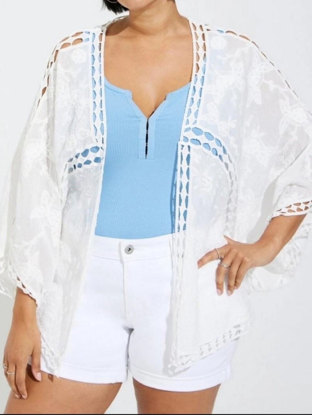 LIV Los Angeles (Size M) White Cotton Floral Embroidered Front Cocoon Cardigan - Picture 11 of 11